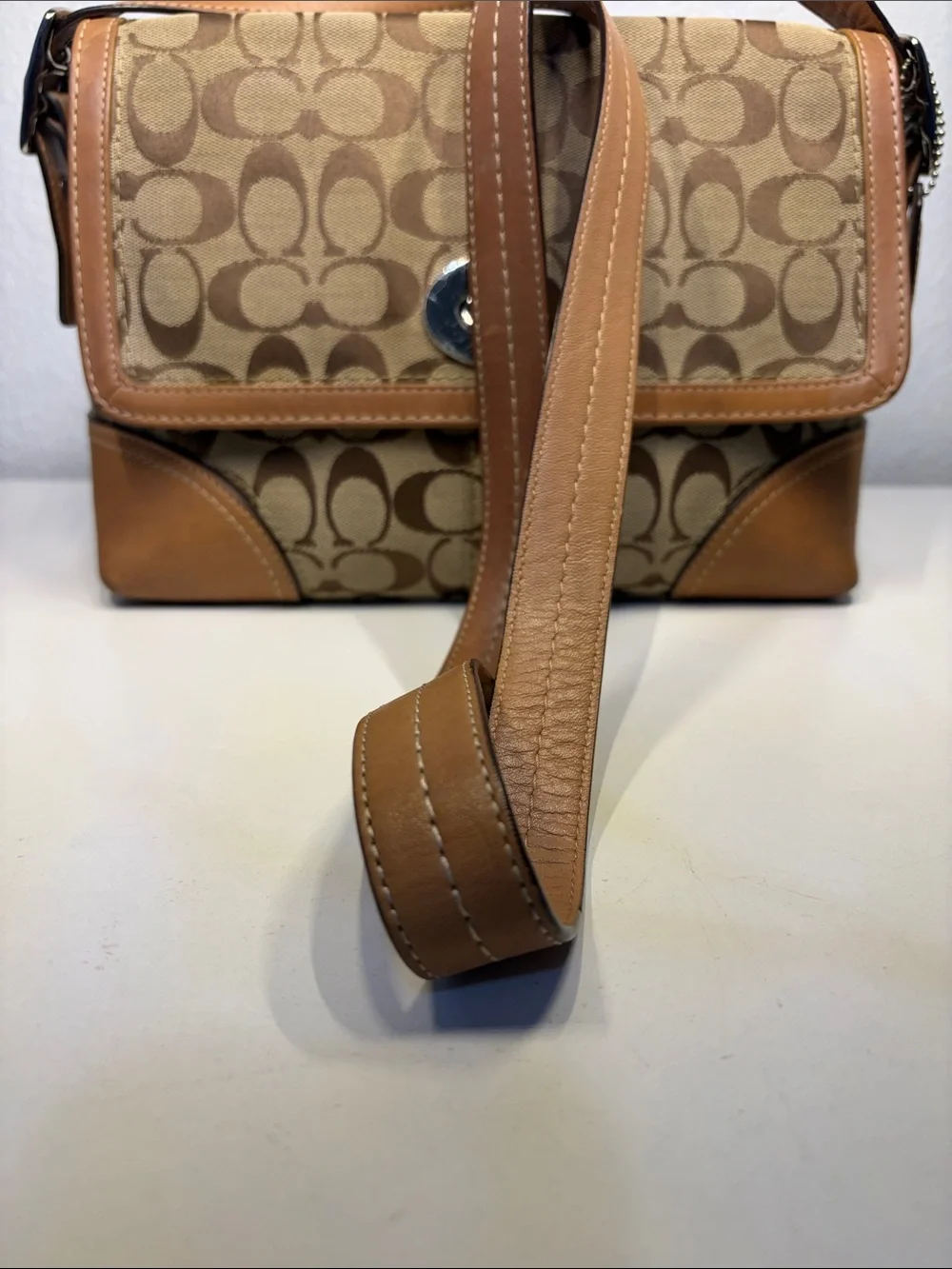 Y2K COACH Signature Jacquard Shoulder/ Crossbody Bag with Khaki/Caramel Trim